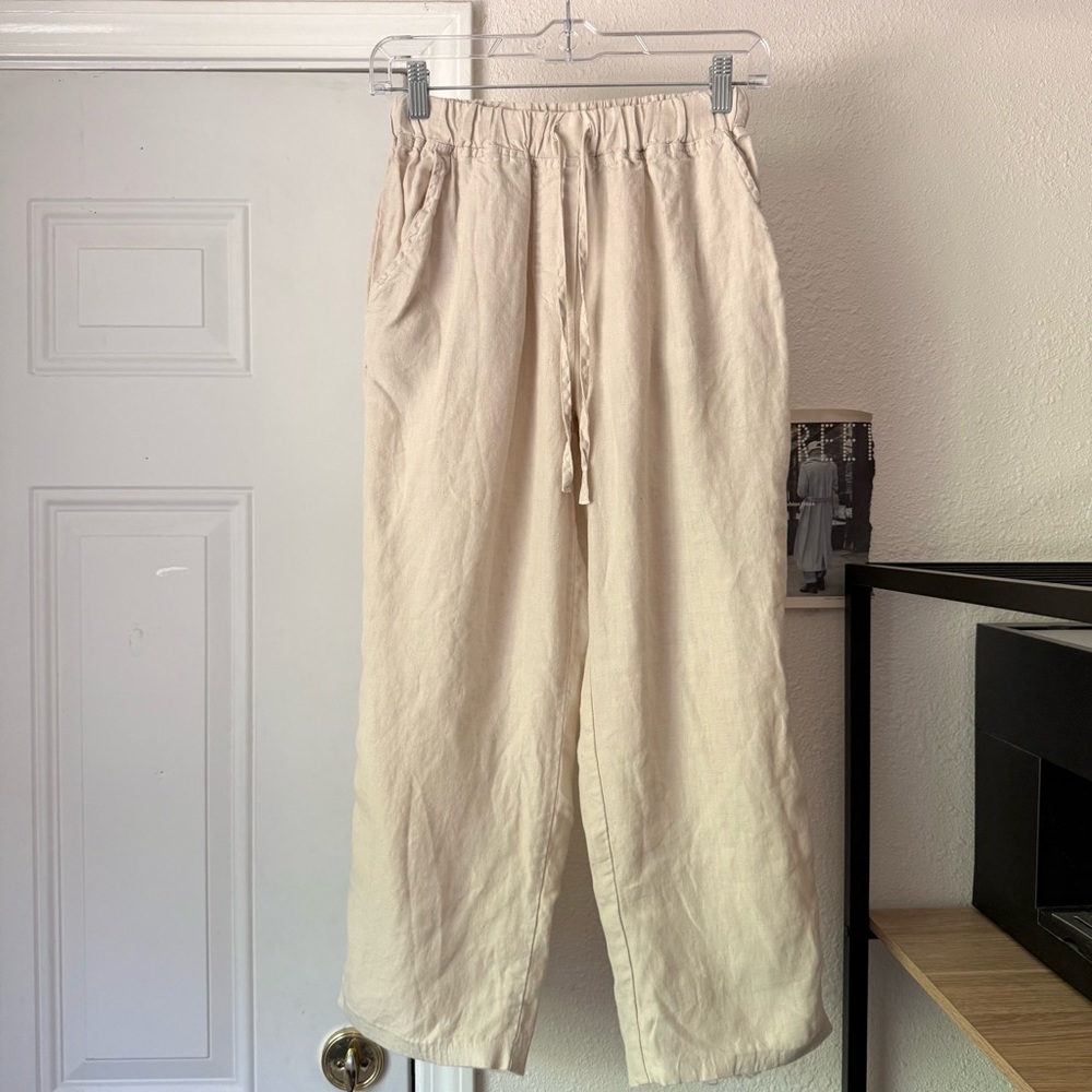 PARACHUTE ivory cream linen elastic waist straight leg‎ pull on cropped pants
